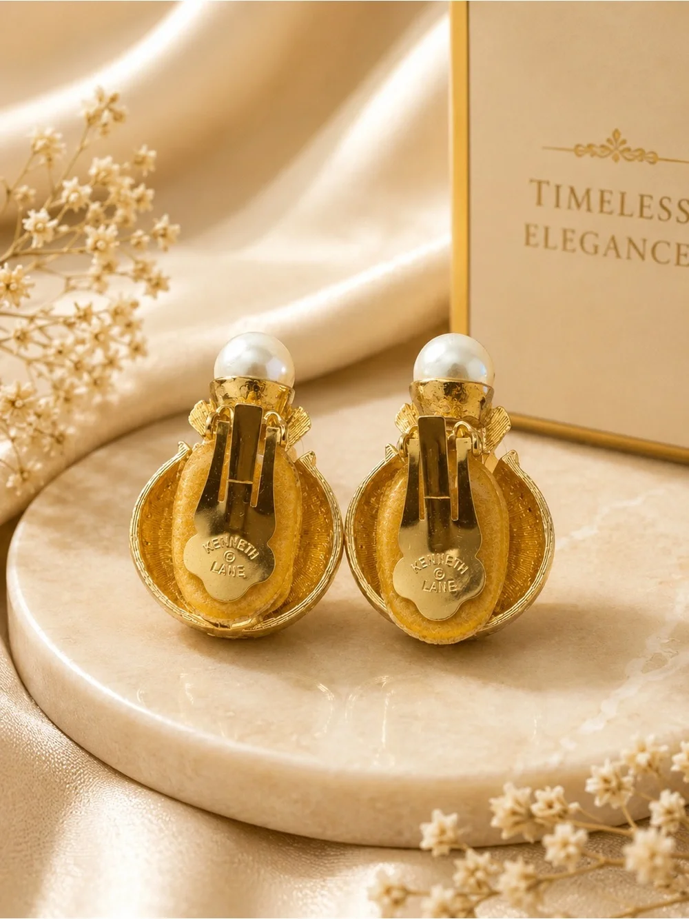 Rare Kenneth Jay Lane Gold and Pearl Button Clip Earrings - Picture 3 of 3